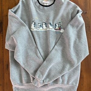 Morning Sun gray sweatshirt with penguins and snow, size large.